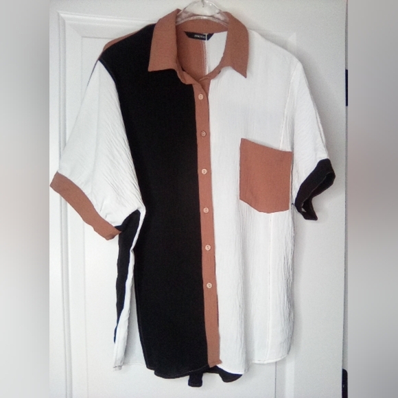 Colorblock Women's Shirt - Black, White, and Brown - Picture 7 of 16